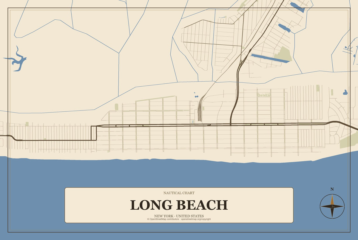 Long Beach, New York City Map Aluminum Sign in Heritage Nautical style