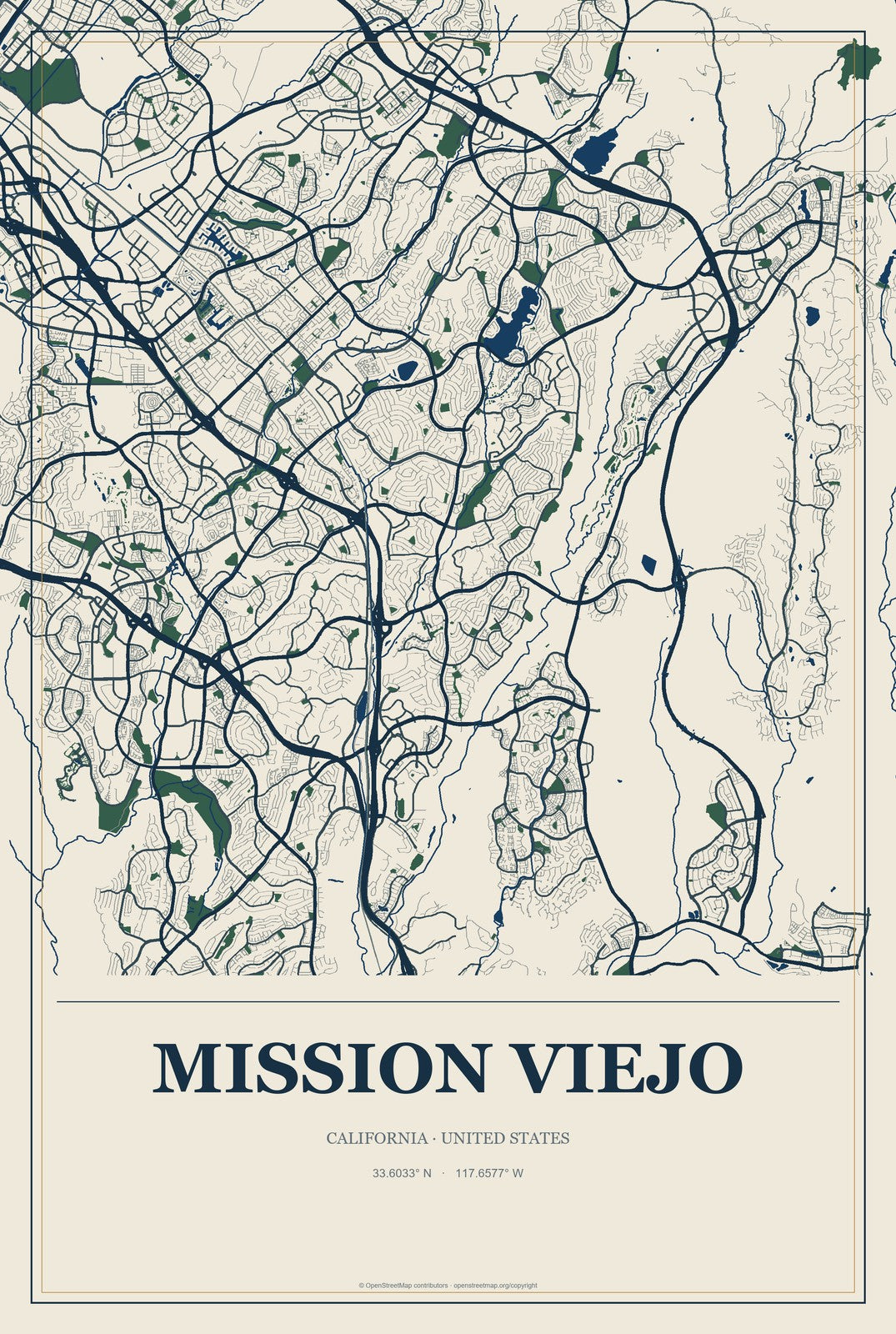 Mission Viejo, California City Map Aluminum Sign in Coastal Cutout style