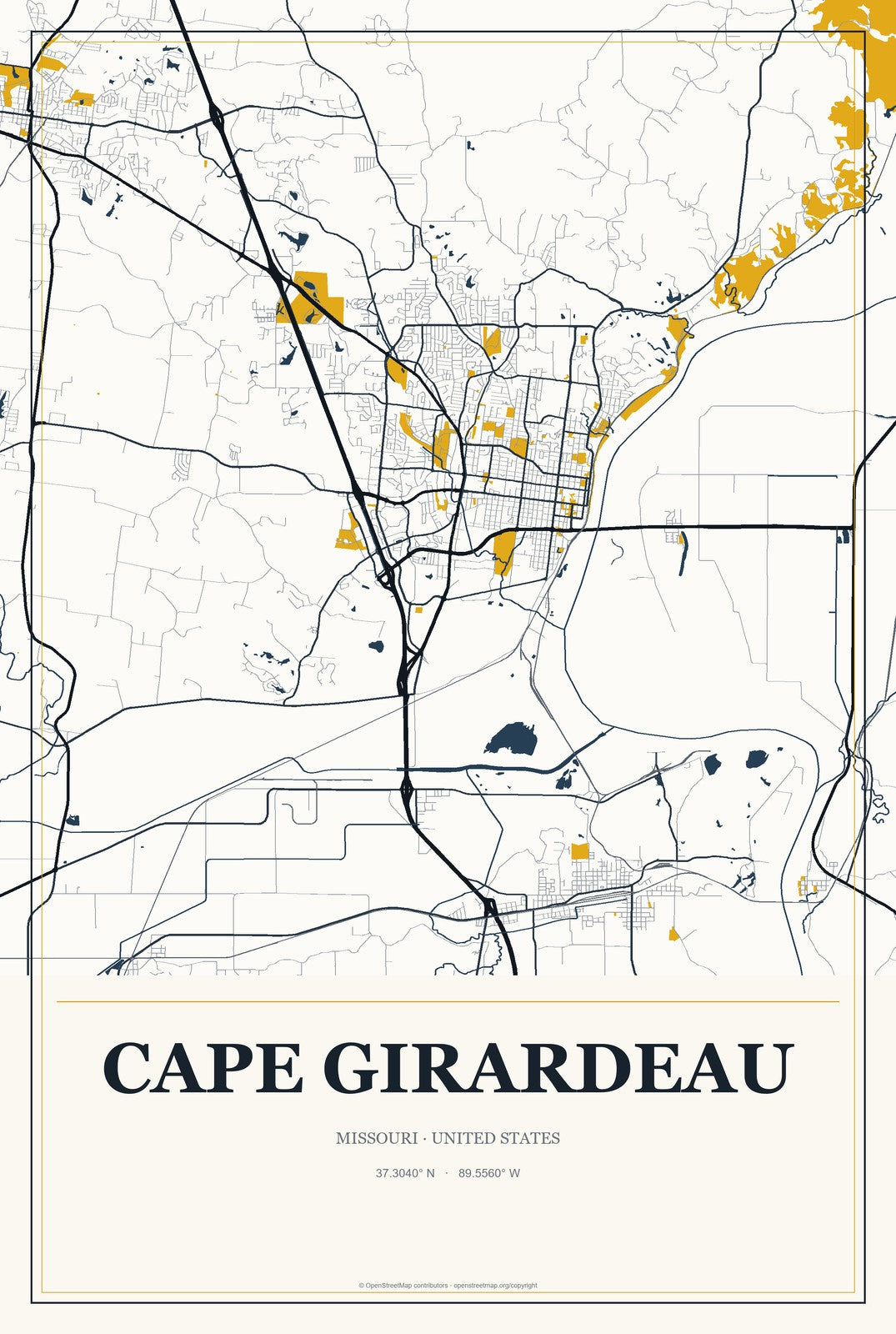 Cape Girardeau, Missouri City Map Aluminum Sign in Citrine Modern style