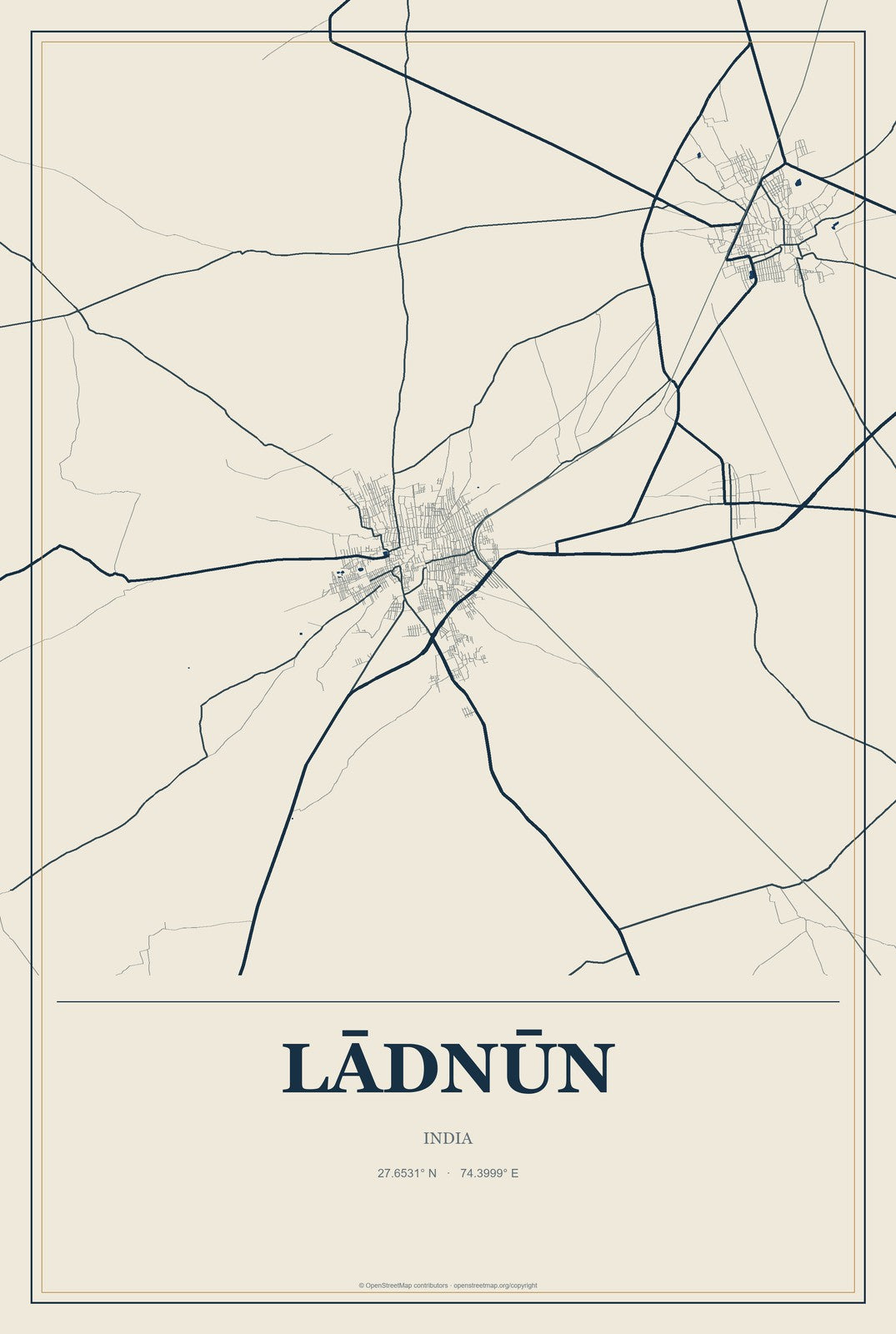 Lādnūn, India City Map Aluminum Sign in Coastal Cutout style