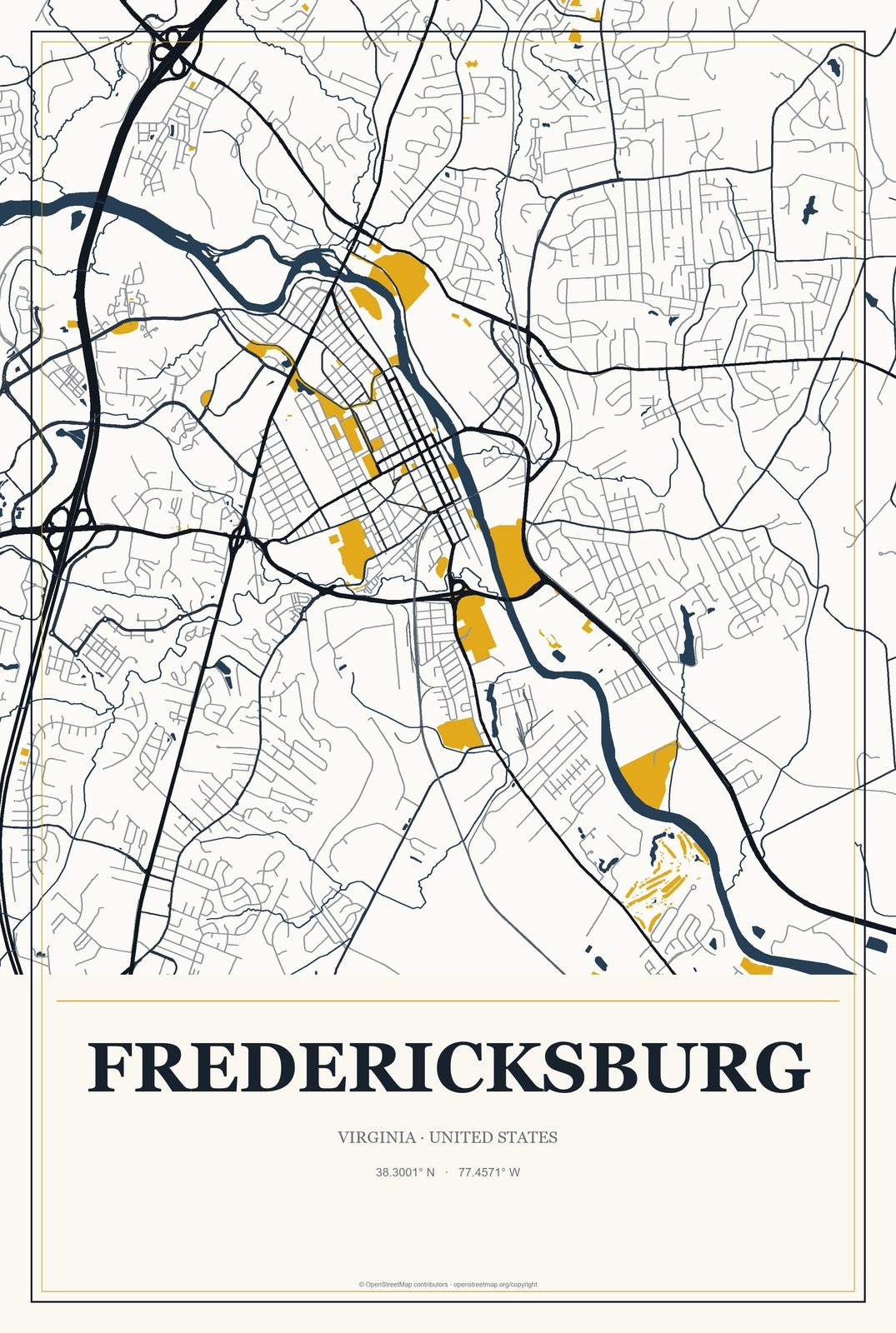 Fredericksburg, Virginia City Map Aluminum Sign in Citrine Modern style