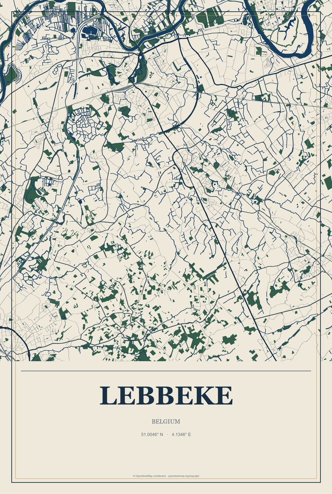 Lebbeke, Belgium City Map Aluminum Sign in Coastal Cutout style