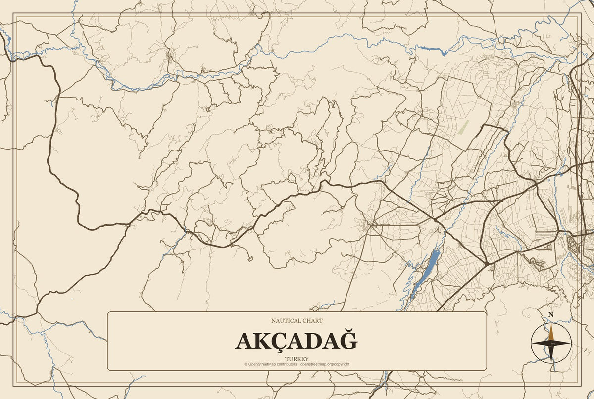 Akçadağ, Turkey City Map Aluminum Sign in Heritage Nautical style