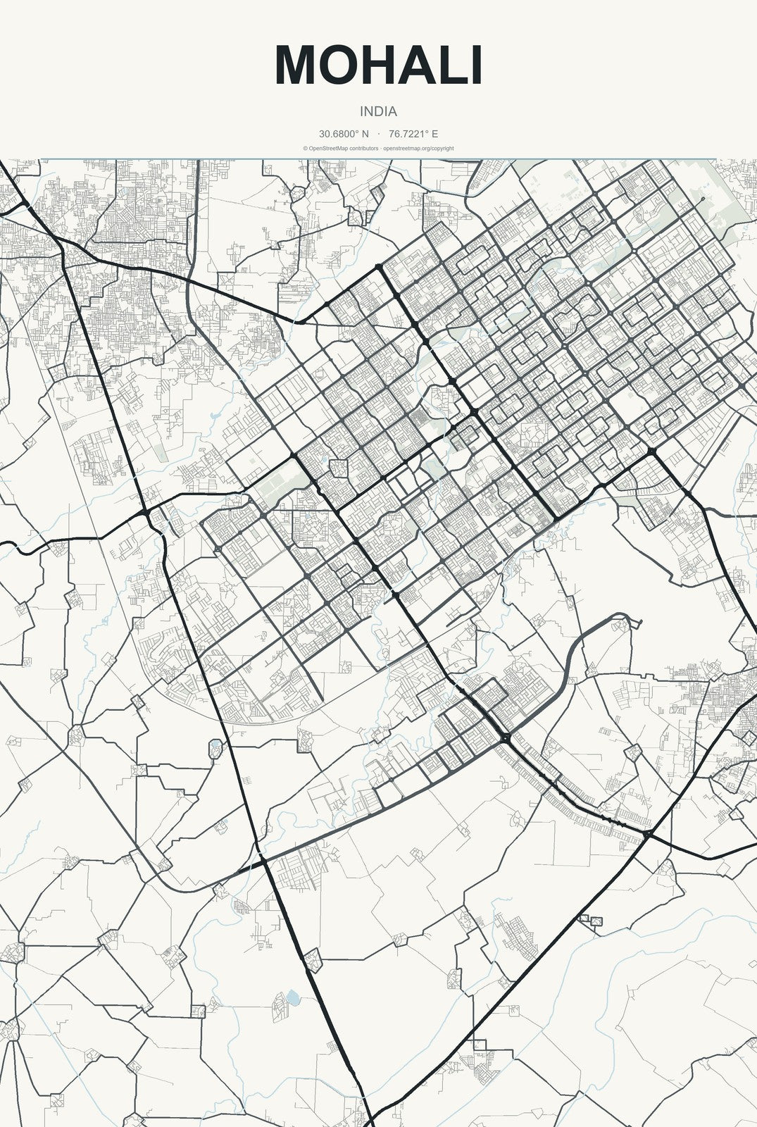 Mohali, India City Map Aluminum Sign in Headline Atlas style