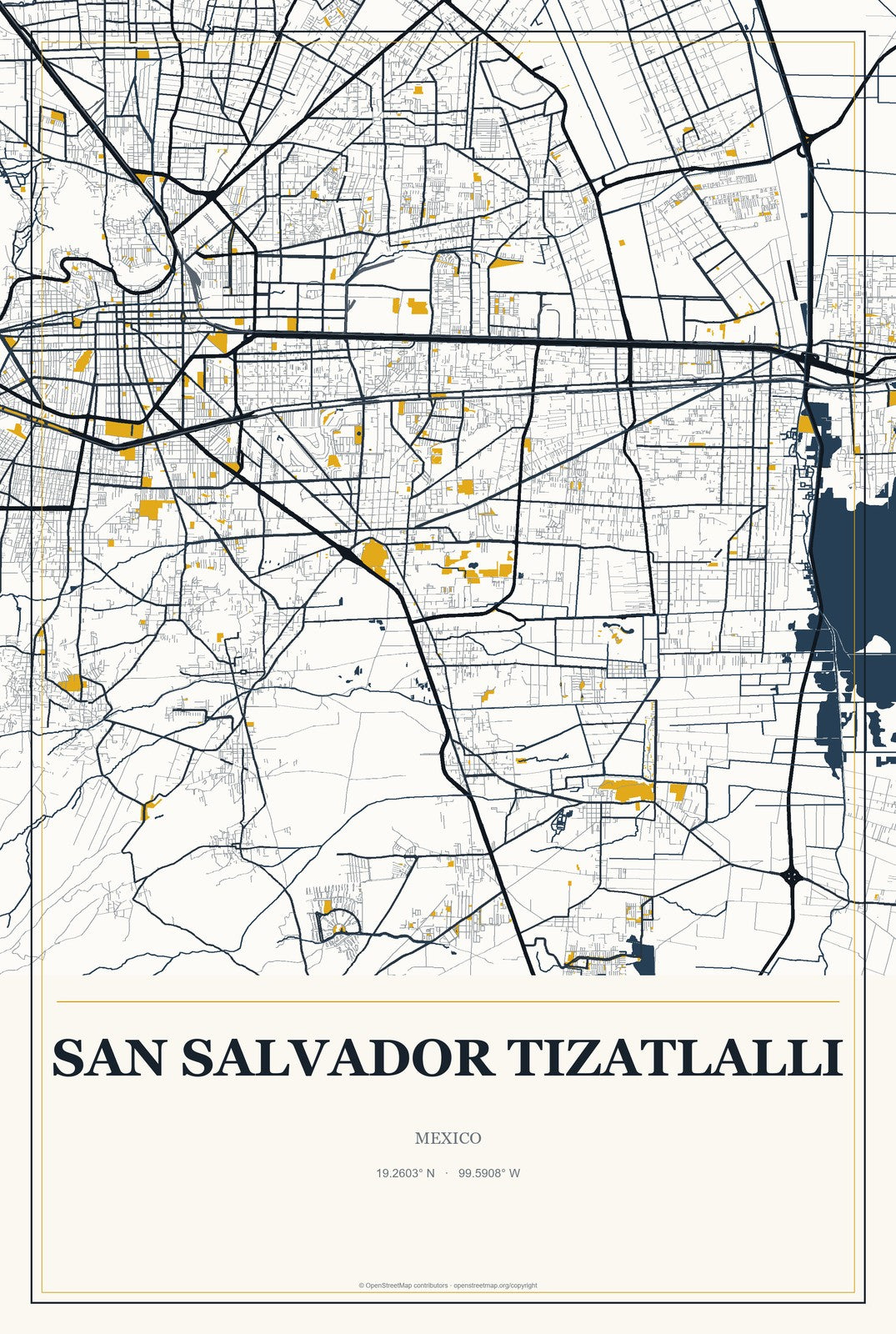 San Salvador Tizatlalli, Mexico City Map Aluminum Sign in Citrine Modern style