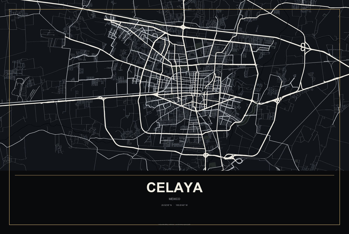 Celaya, Mexico City Map Aluminum Sign in Metropolitan Noir style