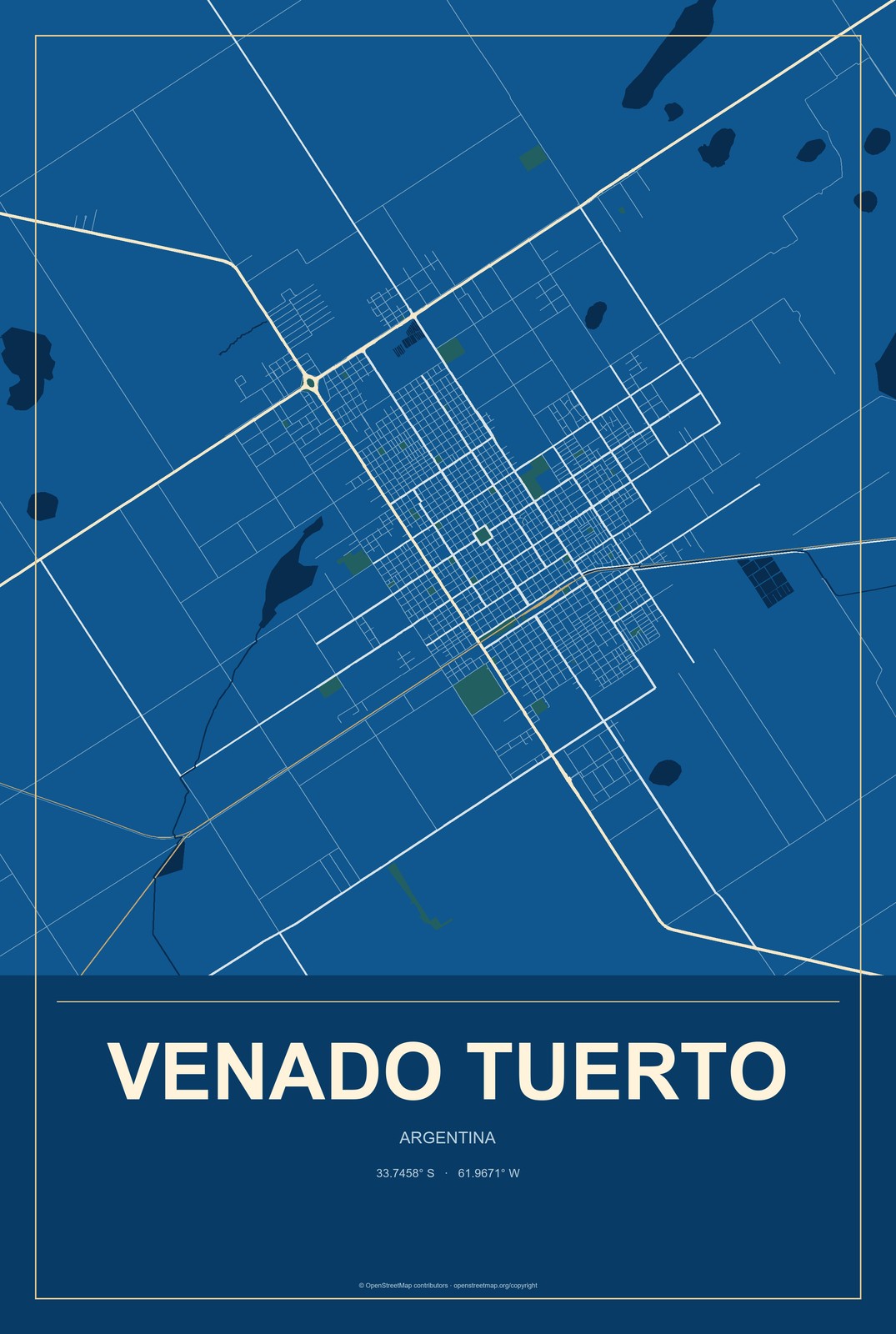 Venado Tuerto, Argentina City Map Aluminum Sign in Harbor Cobalt style