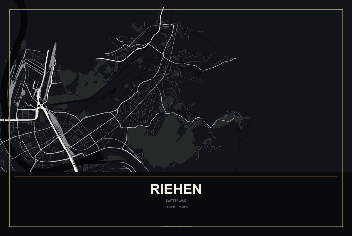 Riehen, Switzerland City Map Aluminum Sign in Metropolitan Noir style