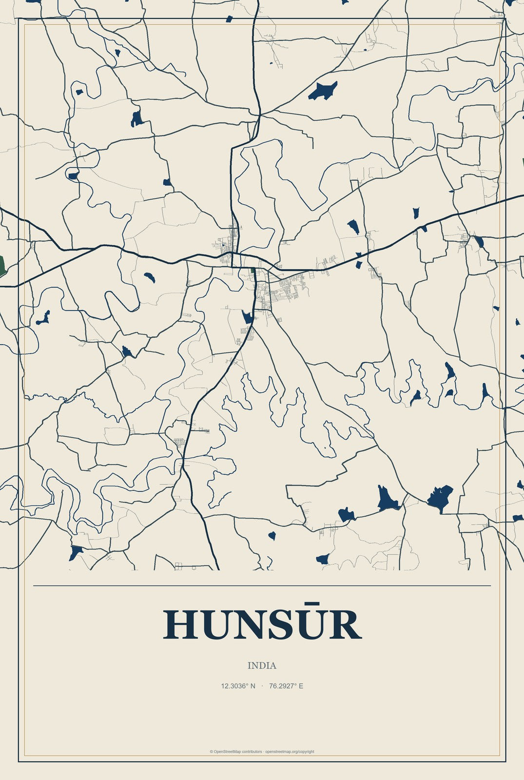 Hunsūr, India City Map Aluminum Sign in Coastal Cutout style