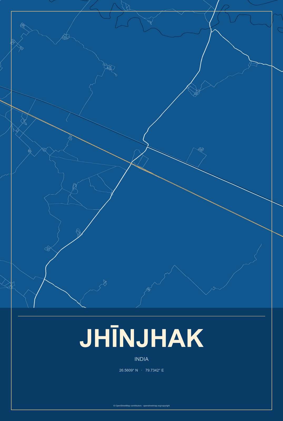 Jhīnjhak, India City Map Aluminum Sign in Harbor Cobalt style