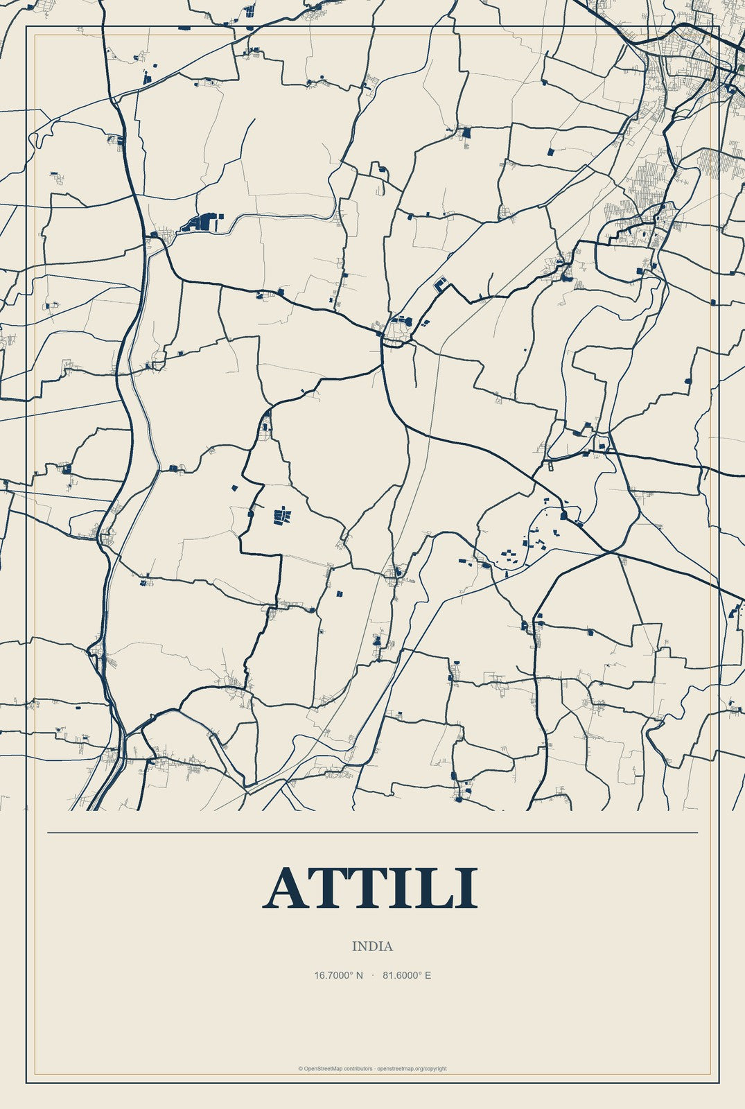 Attili, India City Map Aluminum Sign in Coastal Cutout style