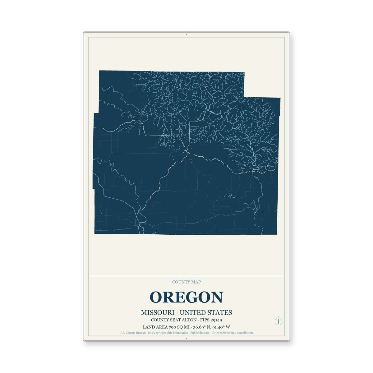 Oregon County, Missouri Map Aluminum Sign in Coastal Cutout style