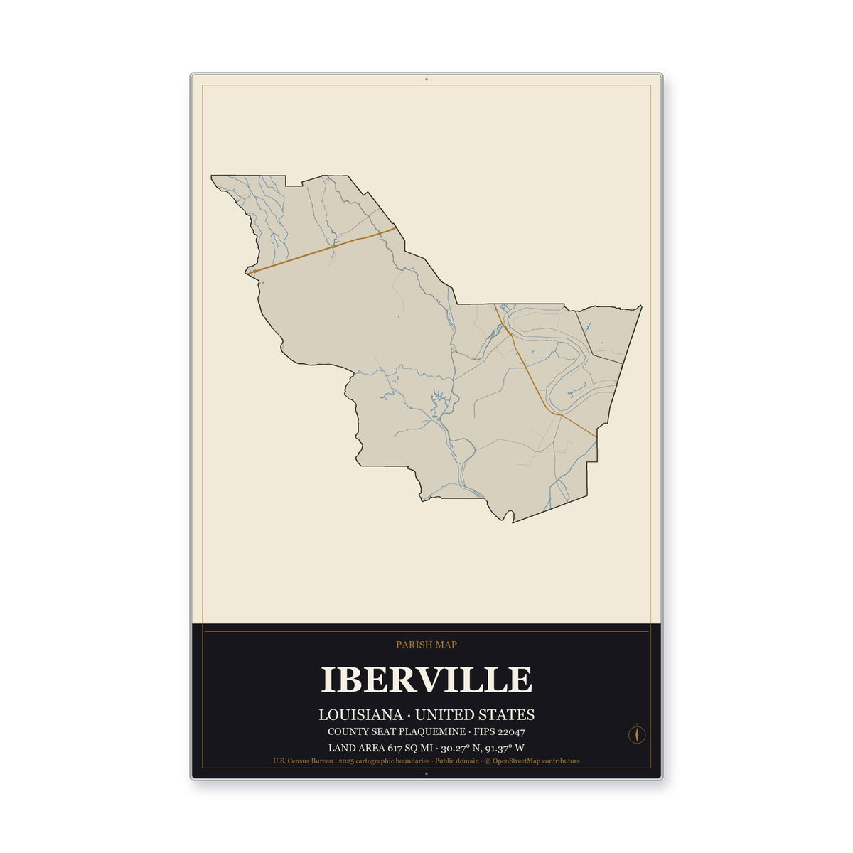 Iberville Parish, Louisiana Map Aluminum Sign in Museum Plaque style