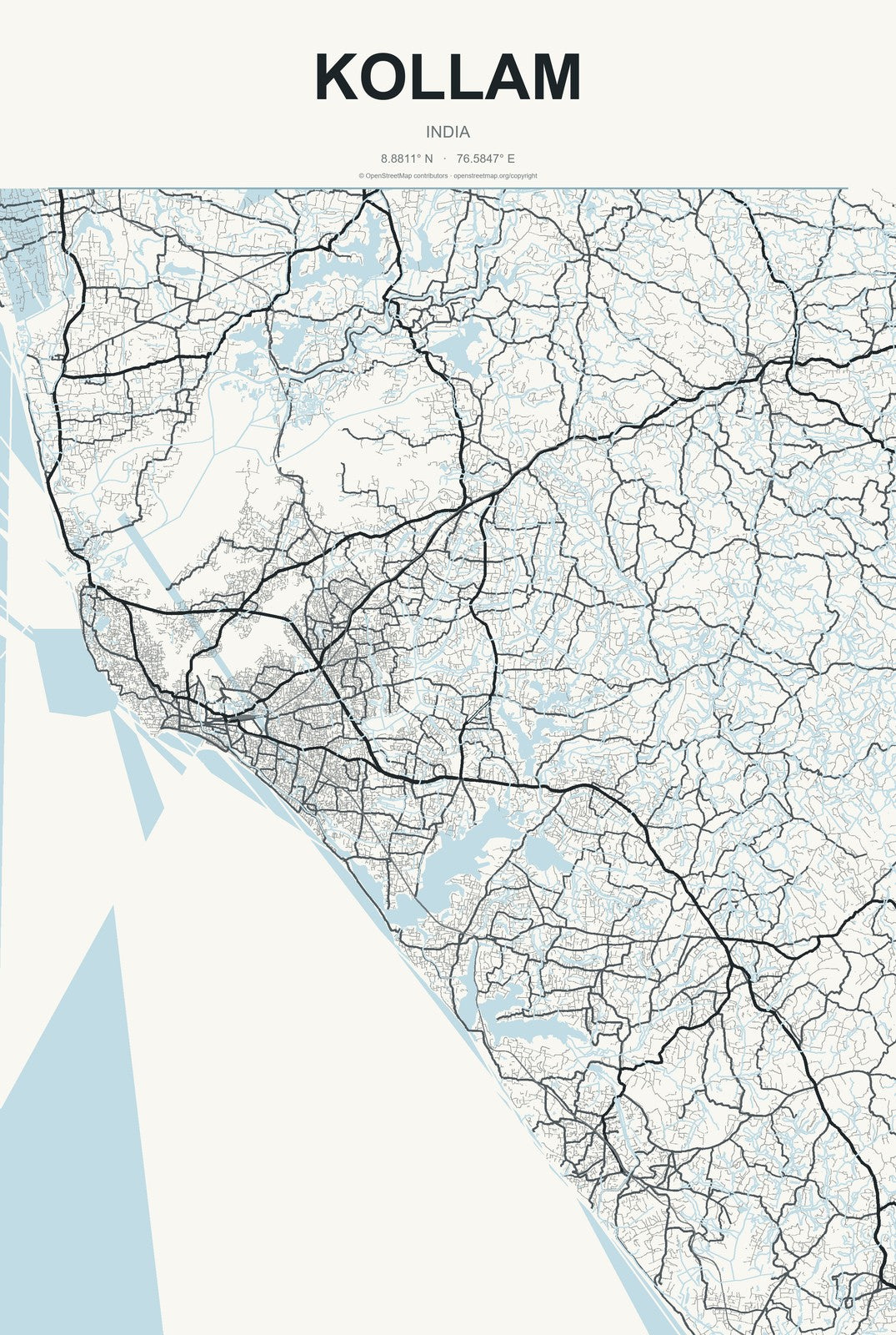 Kollam, India City Map Aluminum Sign in Headline Atlas style