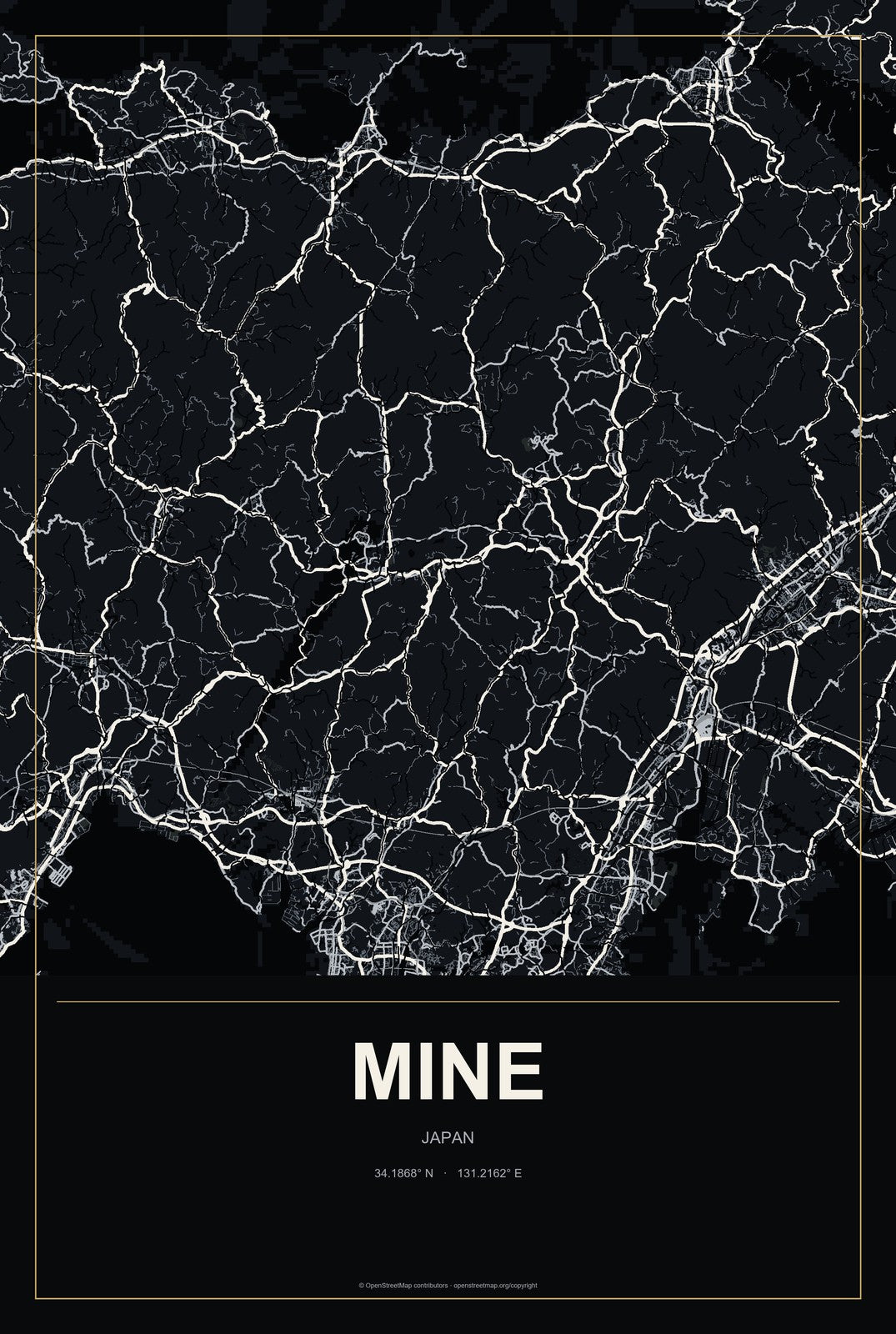 Mine, Japan City Map Aluminum Sign in Metropolitan Noir style