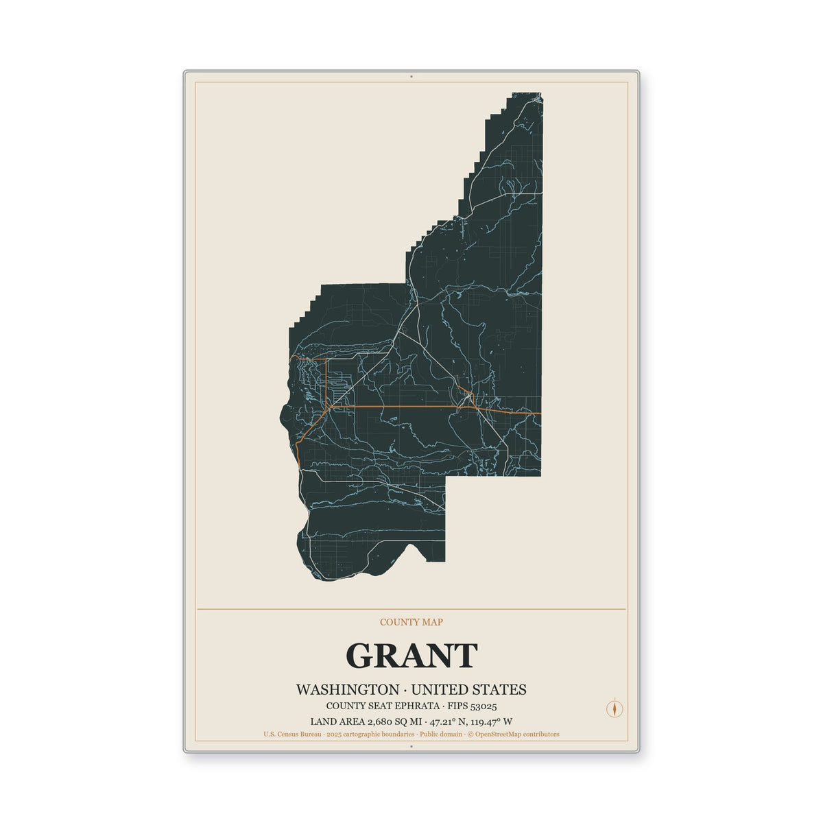 Grant County, Washington Map Aluminum Sign in Headline Atlas style