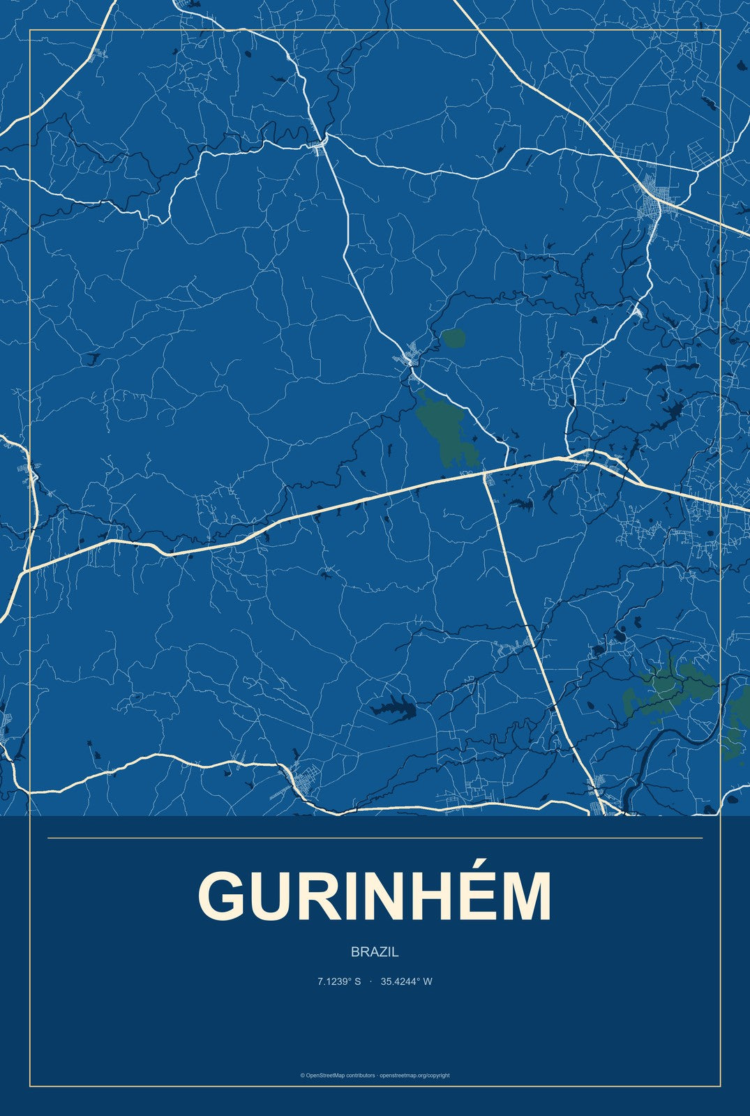Gurinhém, Brazil City Map Aluminum Sign in Harbor Cobalt style