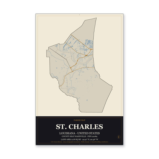 St. Charles Parish, Louisiana Map Aluminum Sign in Museum Plaque style