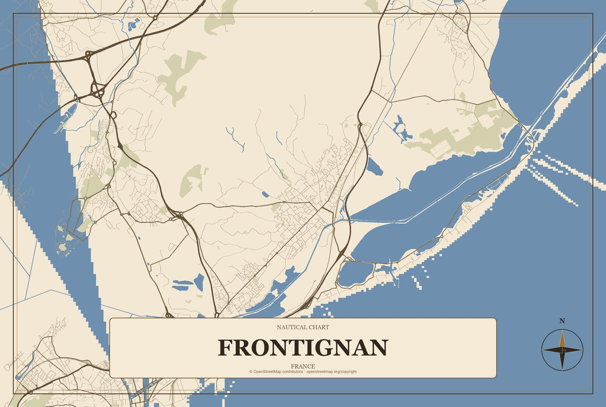 Frontignan, France City Map Aluminum Sign in Heritage Nautical style