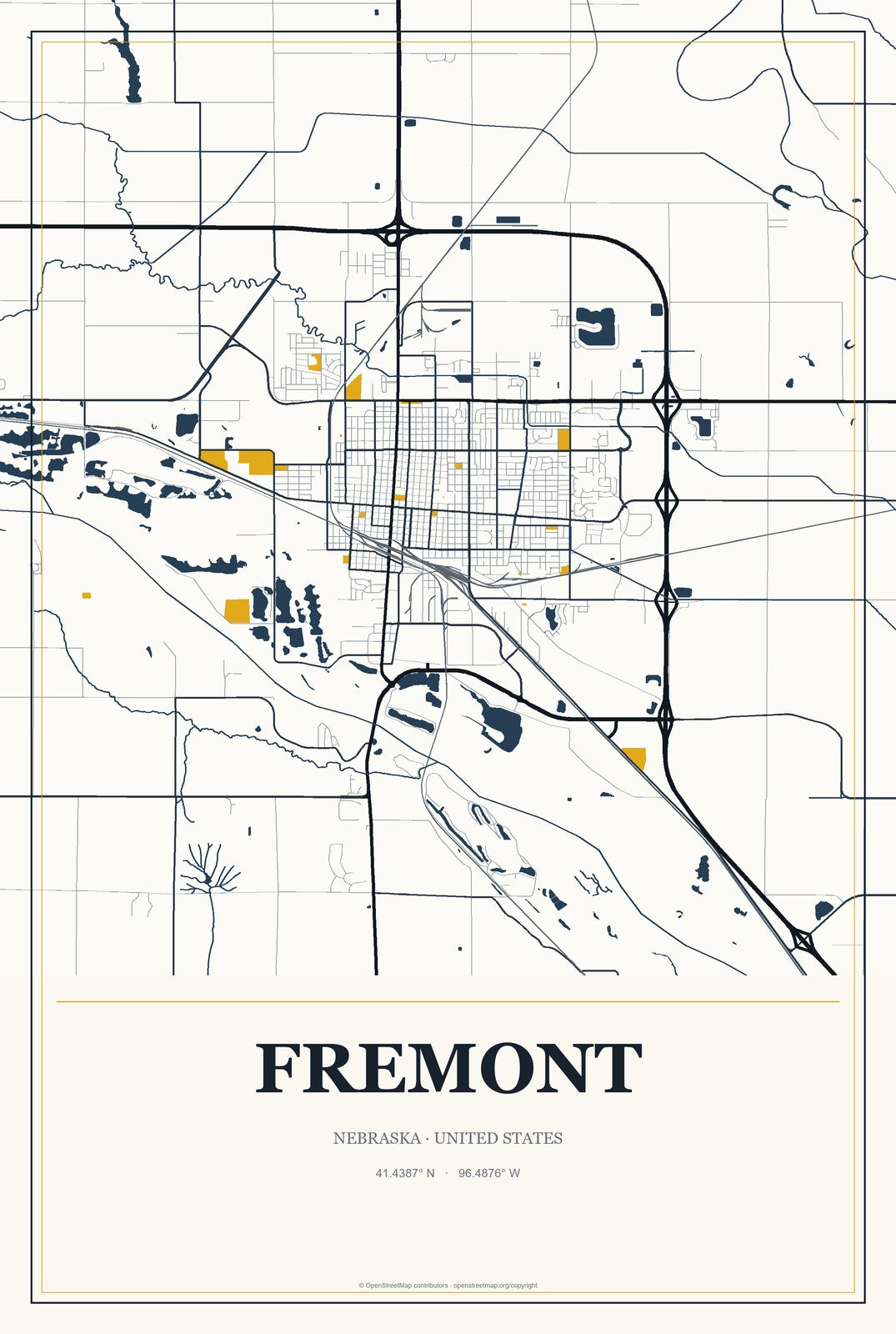 Fremont, Nebraska City Map Aluminum Sign in Citrine Modern style