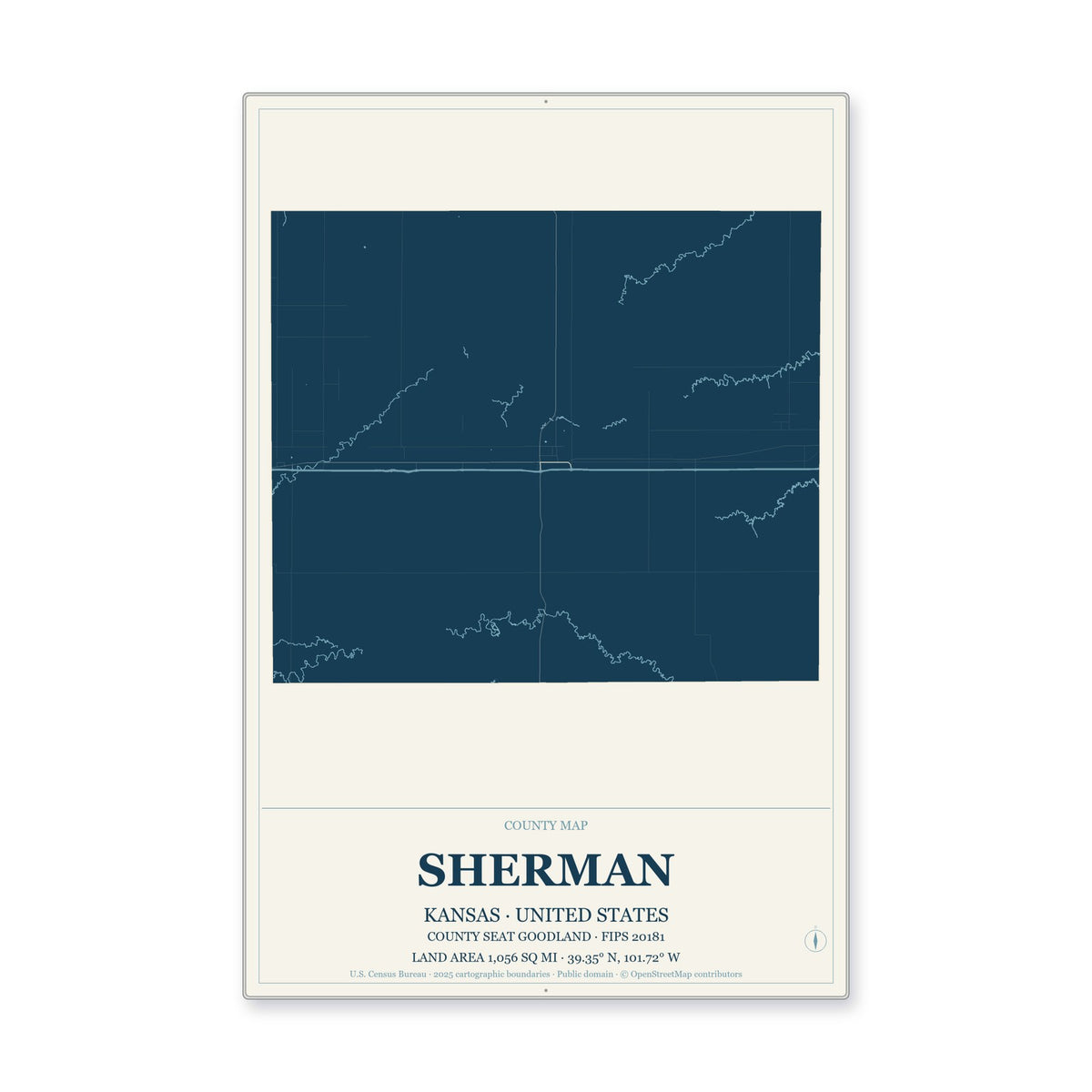 Sherman County, Kansas Map Aluminum Sign in Coastal Cutout style