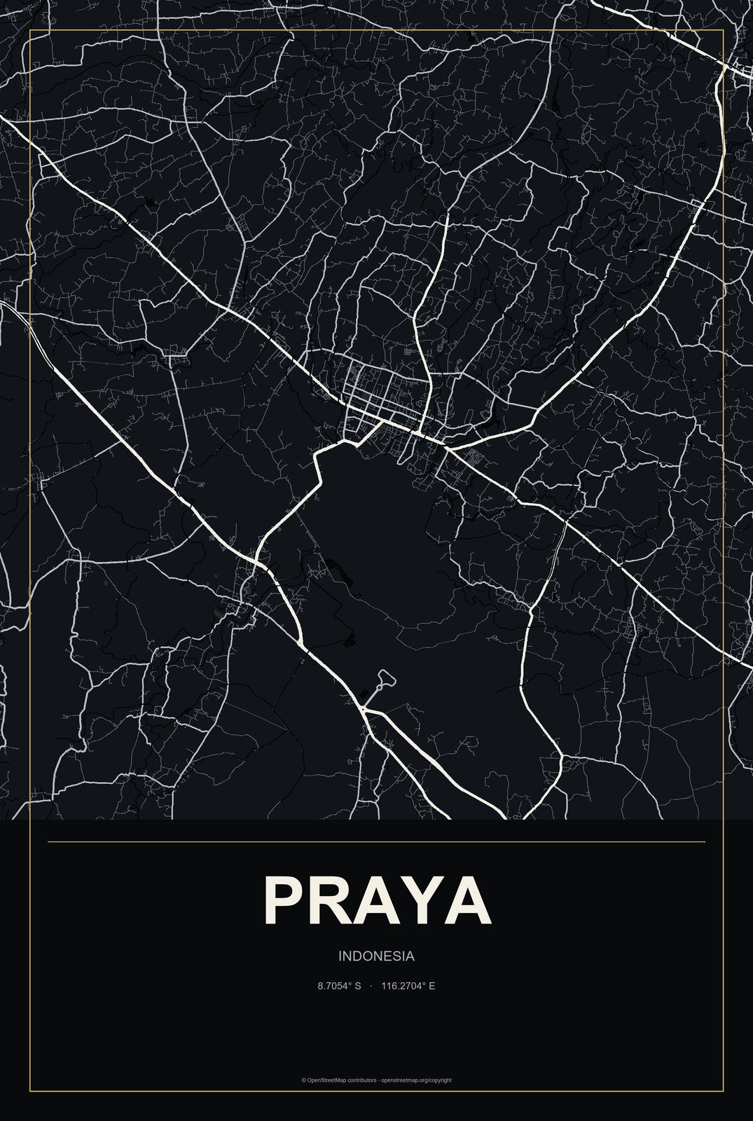 Praya, Indonesia City Map Aluminum Sign in Metropolitan Noir style