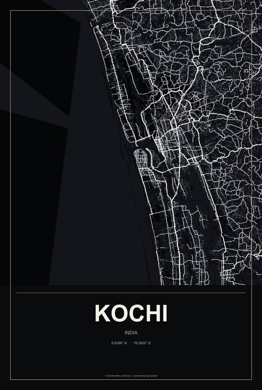 Kochi, India City Map Aluminum Sign in Metropolitan Noir style