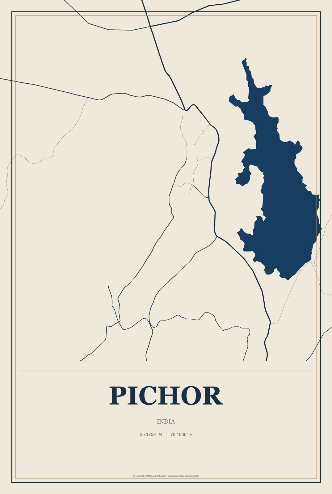 Pichor, India City Map Aluminum Sign in Coastal Cutout style