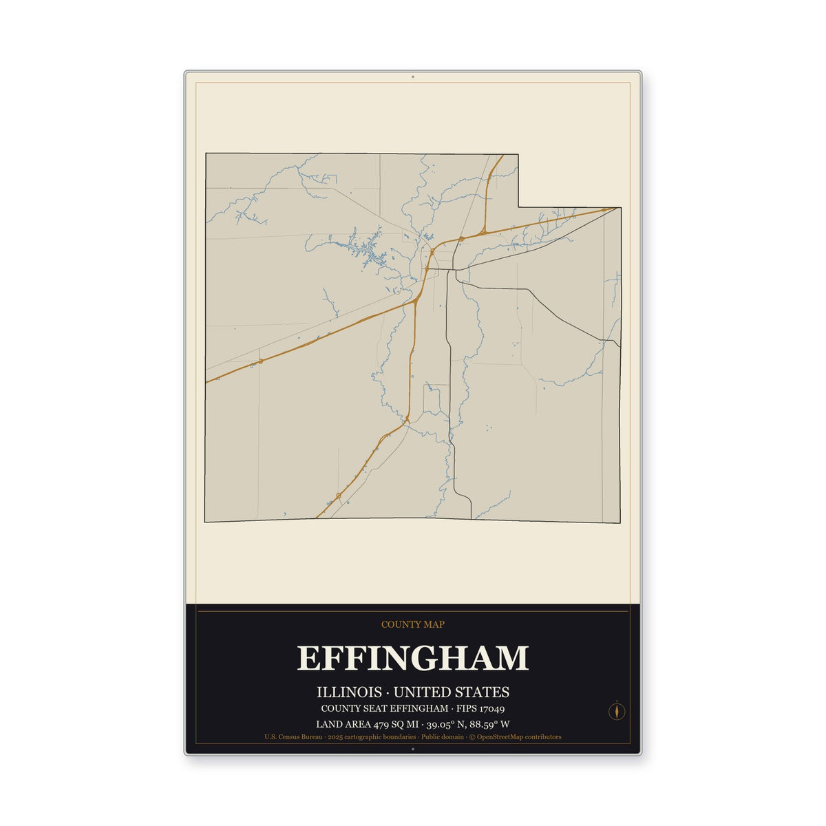 Effingham County, Illinois Map Aluminum Sign in Museum Plaque style