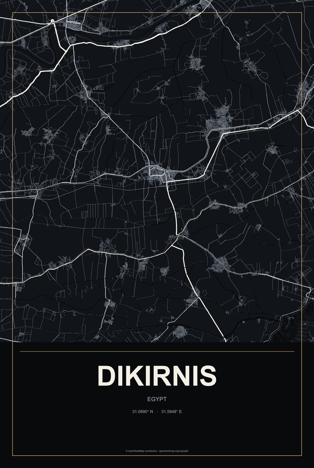 Dikirnis, Egypt City Map Aluminum Sign in Metropolitan Noir style