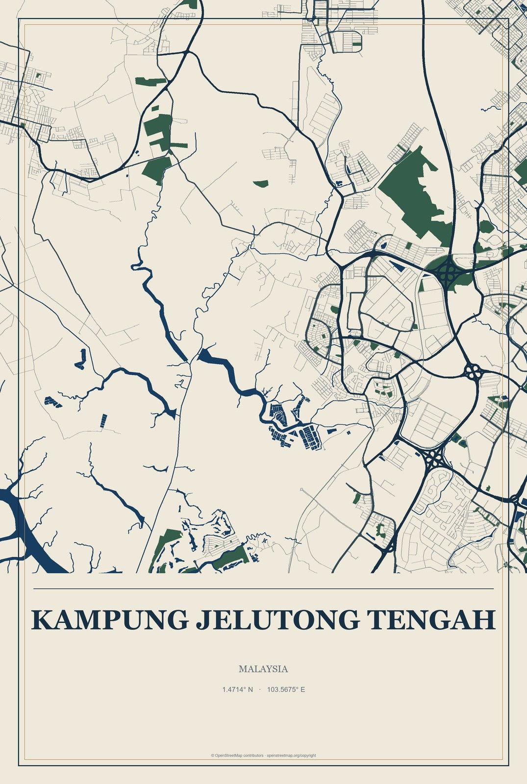 Kampung Jelutong Tengah, Malaysia City Map Aluminum Sign in Coastal Cutout style