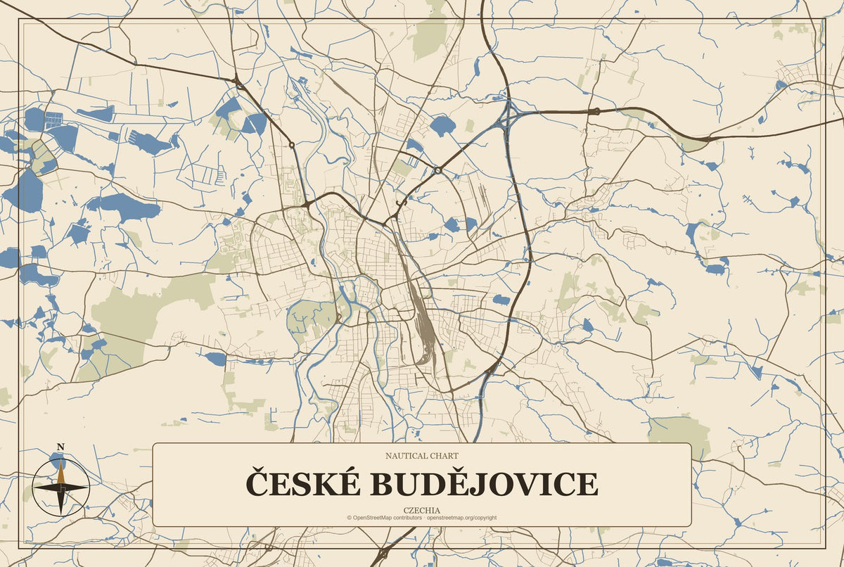 České Budějovice, Czechia City Map Aluminum Sign in Heritage Nautical style