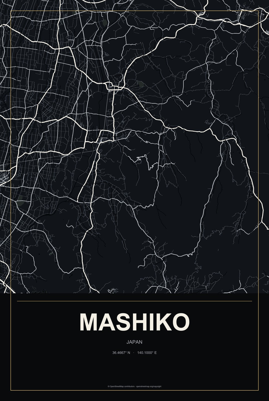 Mashiko, Japan City Map Aluminum Sign in Metropolitan Noir style