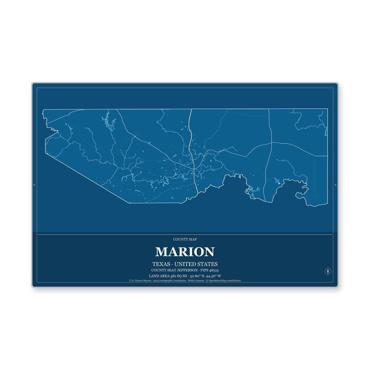 Marion County, Texas Map Aluminum Sign in Harbor Cobalt style
