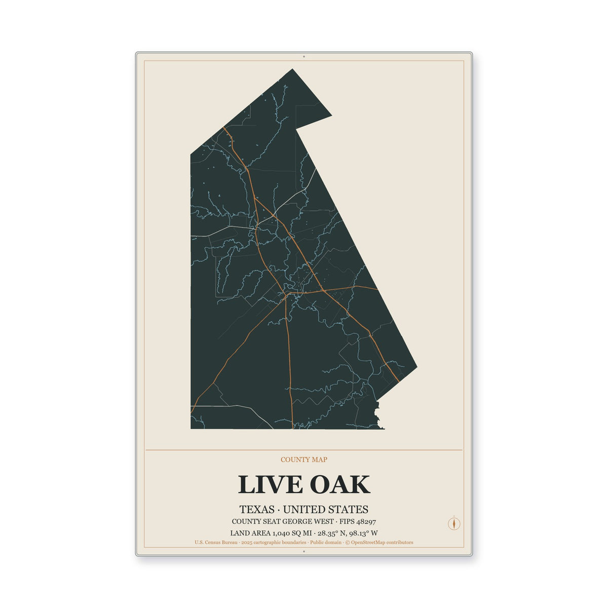 Live Oak County, Texas Map Aluminum Sign in Headline Atlas style