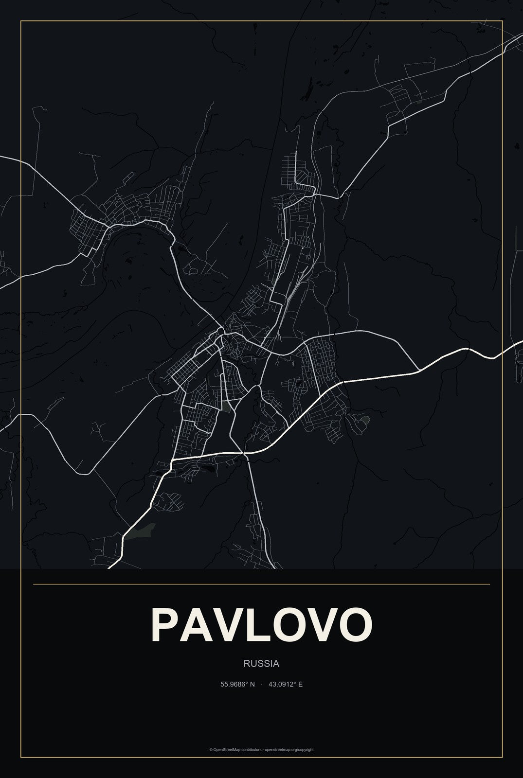 Pavlovo, Russia City Map Aluminum Sign in Metropolitan Noir style