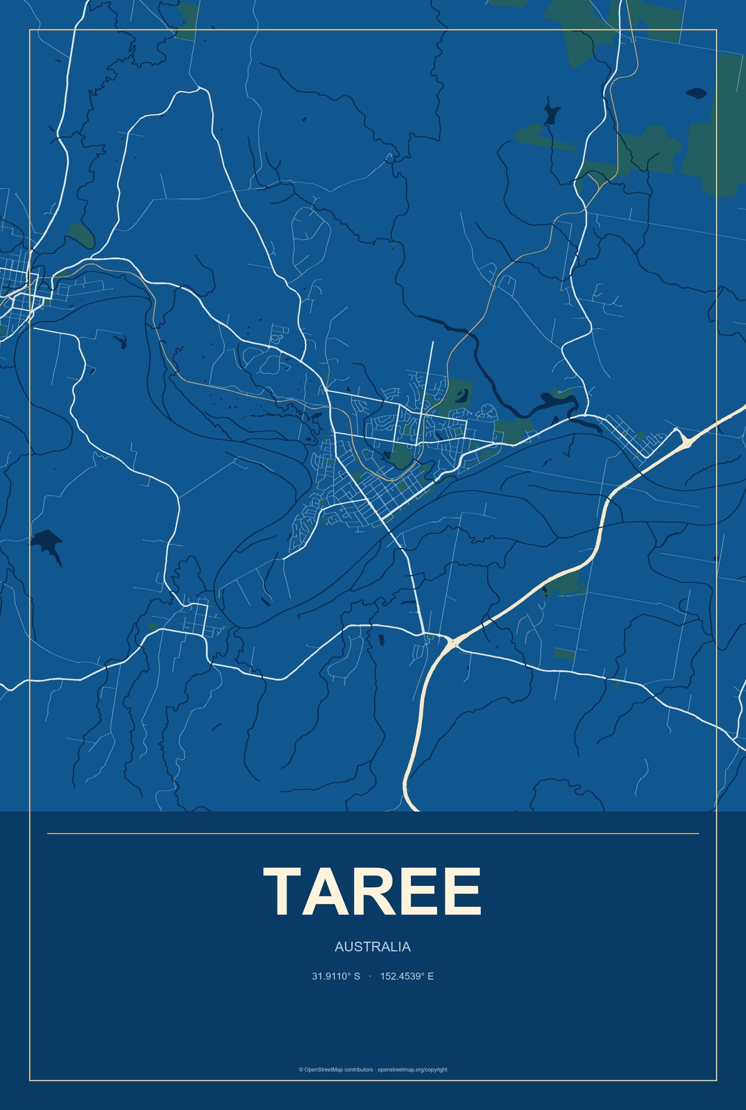 Taree, Australia City Map Aluminum Sign in Harbor Cobalt style