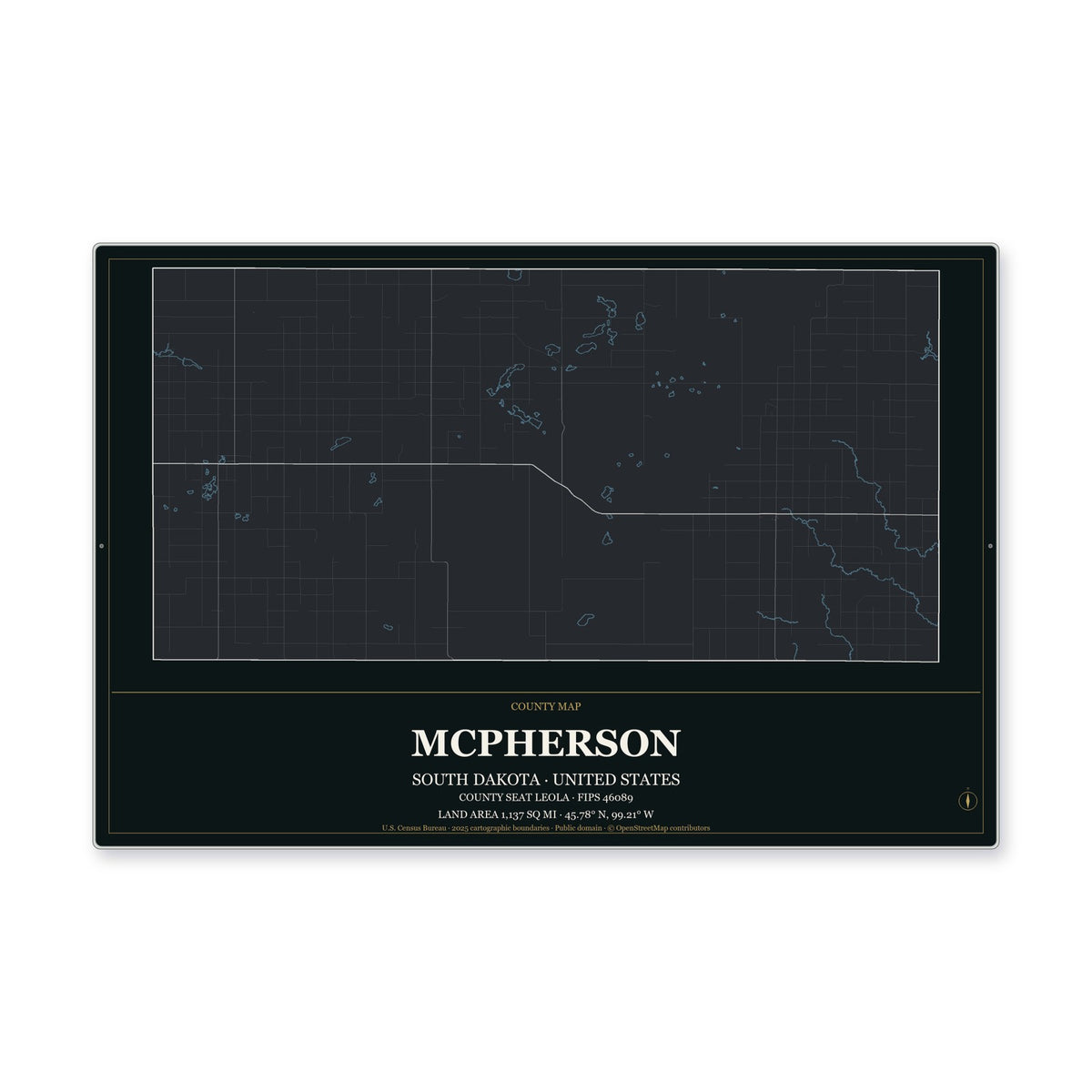 McPherson County, South Dakota Map Aluminum Sign in Metropolitan Noir style