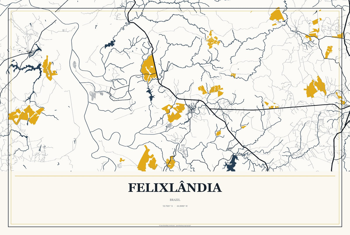 Felixlândia, Brazil City Map Aluminum Sign in Citrine Modern style