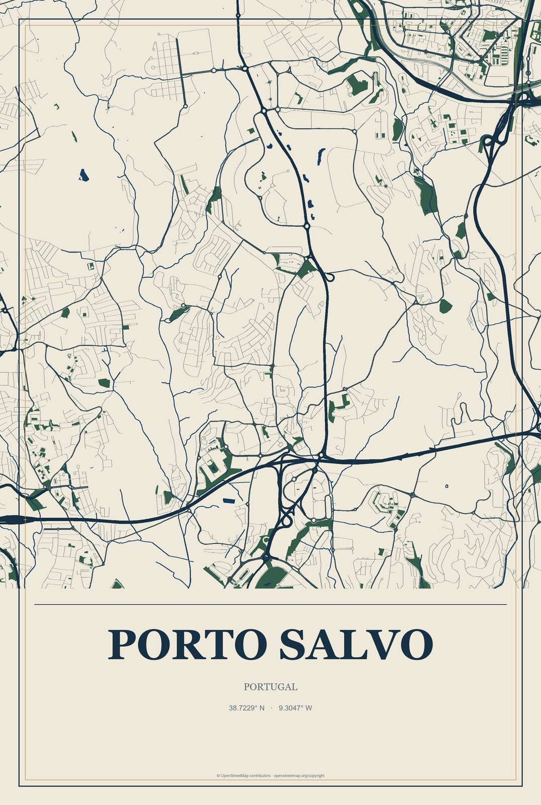 Porto Salvo, Portugal City Map Aluminum Sign in Coastal Cutout style