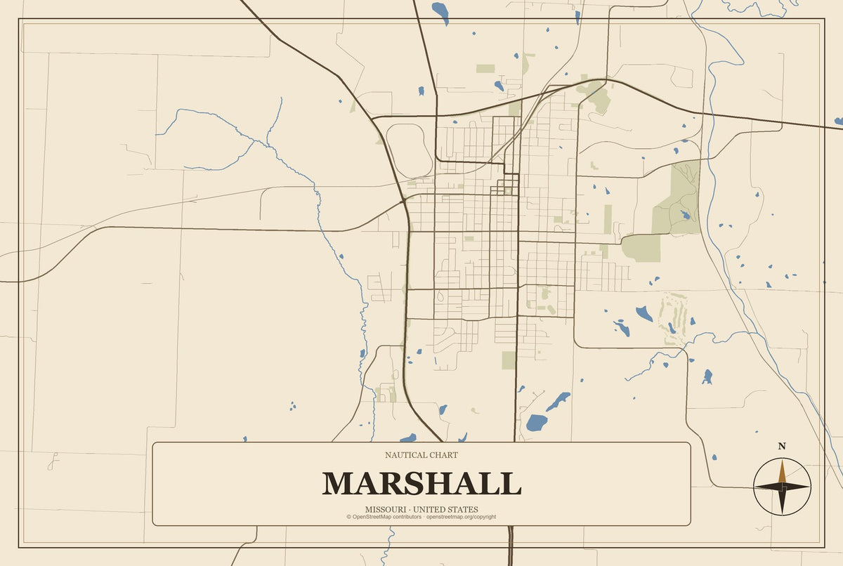 Marshall, Missouri City Map Aluminum Sign in Heritage Nautical style