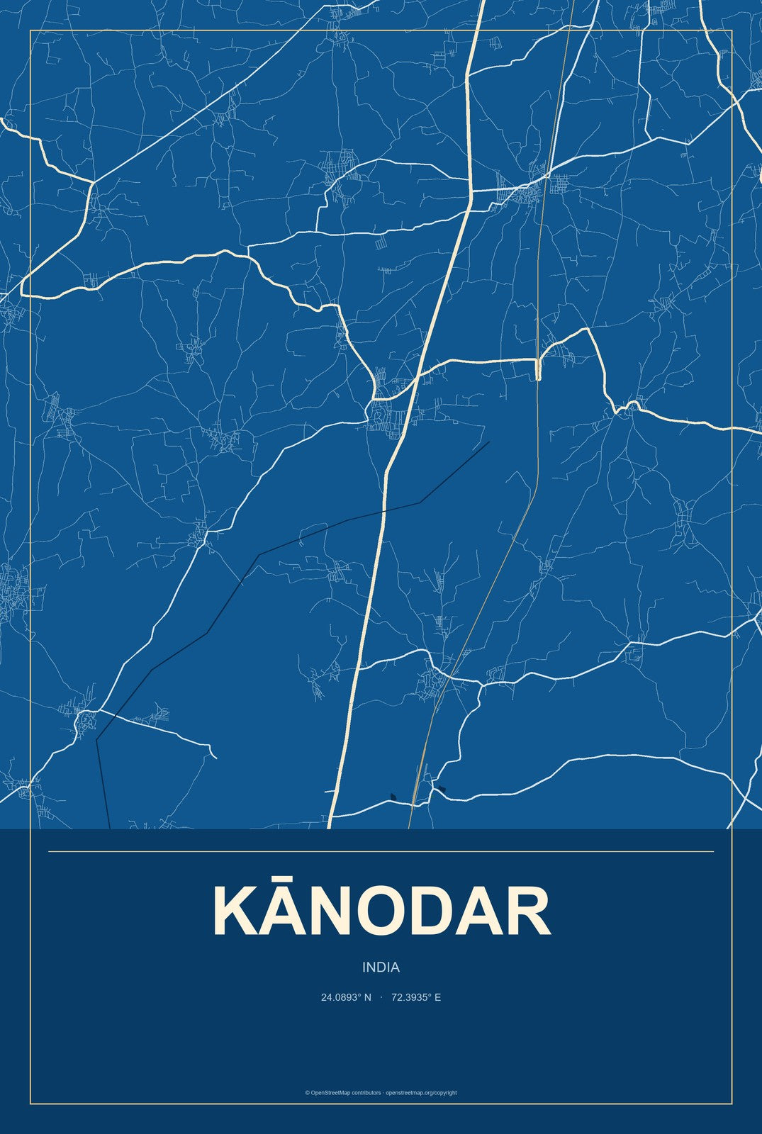 Kānodar, India City Map Aluminum Sign in Harbor Cobalt style