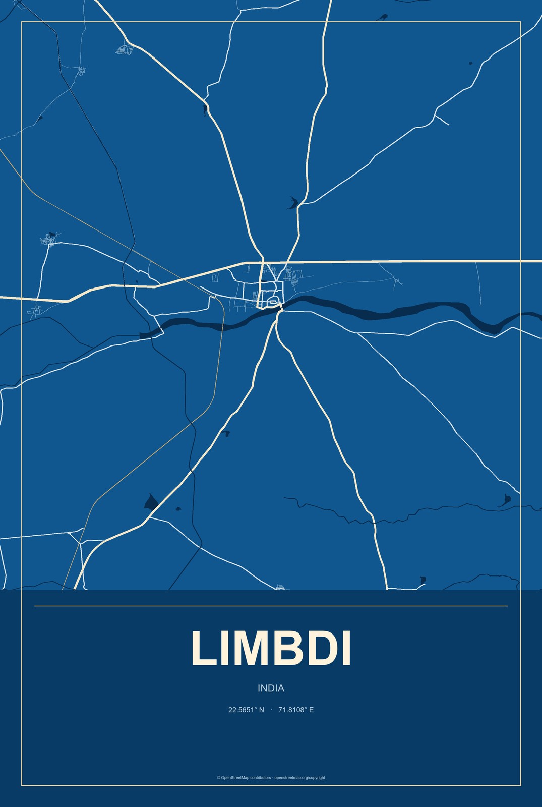 Limbdi, India City Map Aluminum Sign in Harbor Cobalt style