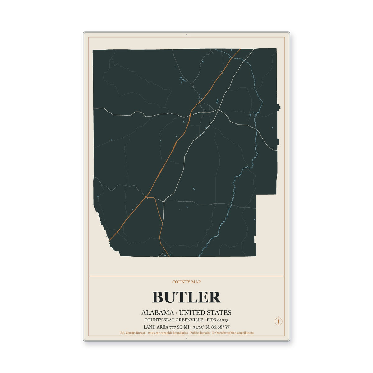 Butler County, Alabama Map Aluminum Sign in Headline Atlas style