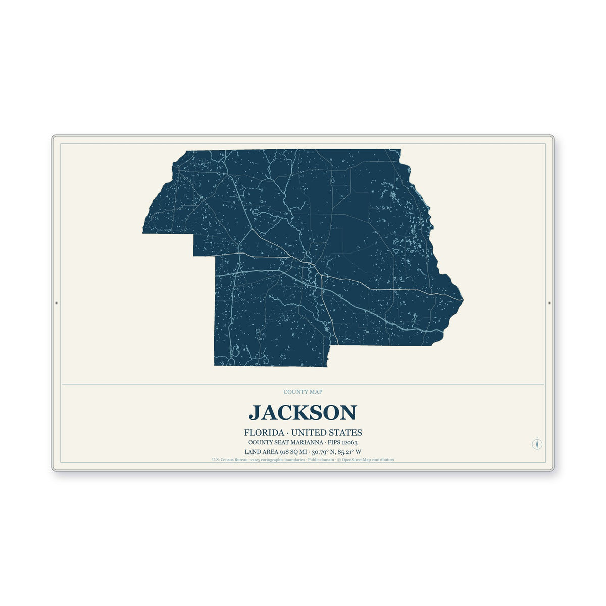 Jackson County, Florida Map Aluminum Sign in Coastal Cutout style