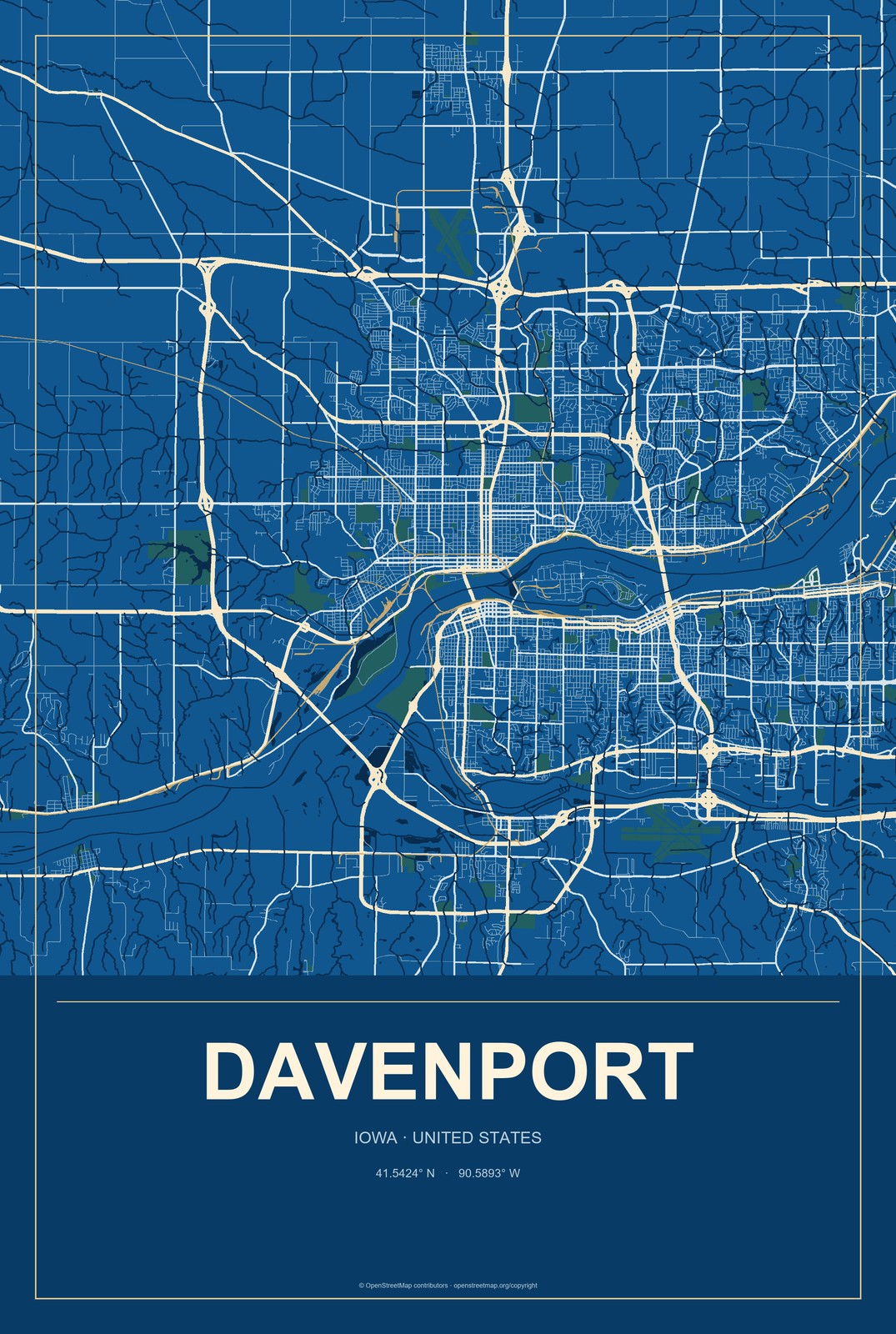 Davenport, Iowa City Map Aluminum Sign in Harbor Cobalt style