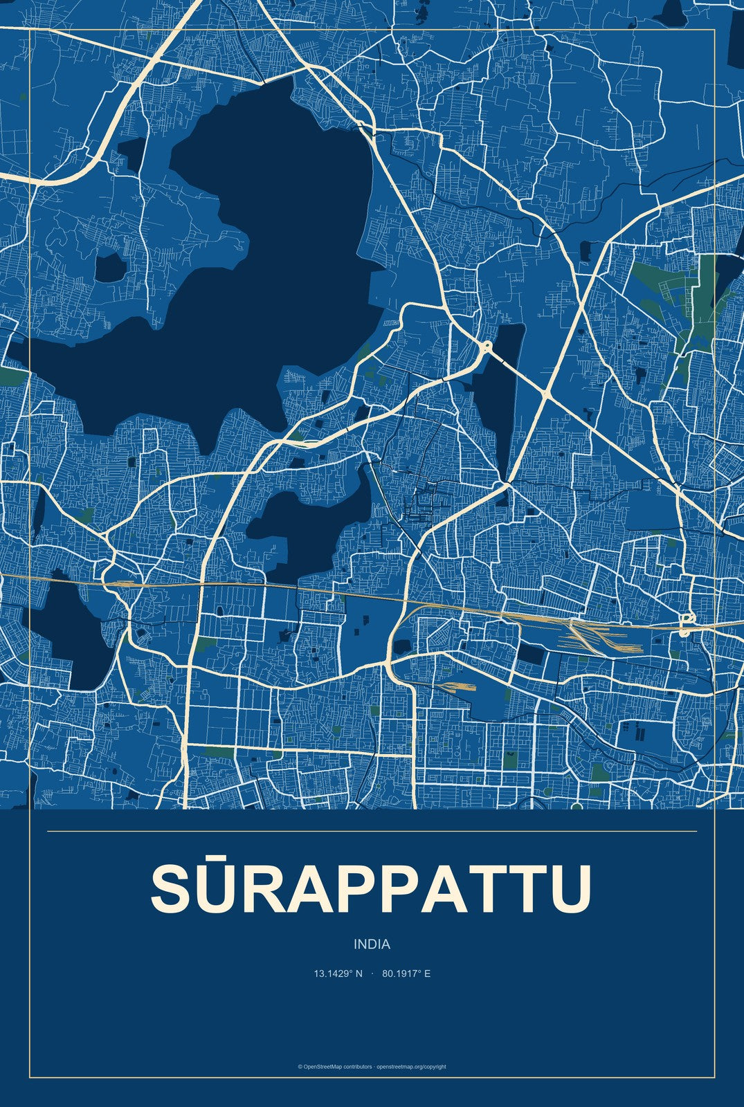 Sūrappattu, India City Map Aluminum Sign in Harbor Cobalt style