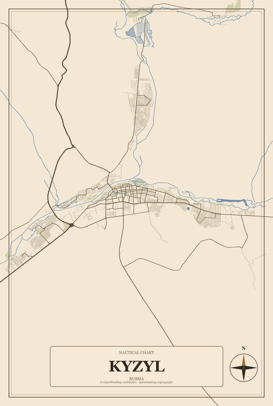 Kyzyl, Russia City Map Aluminum Sign in Heritage Nautical style