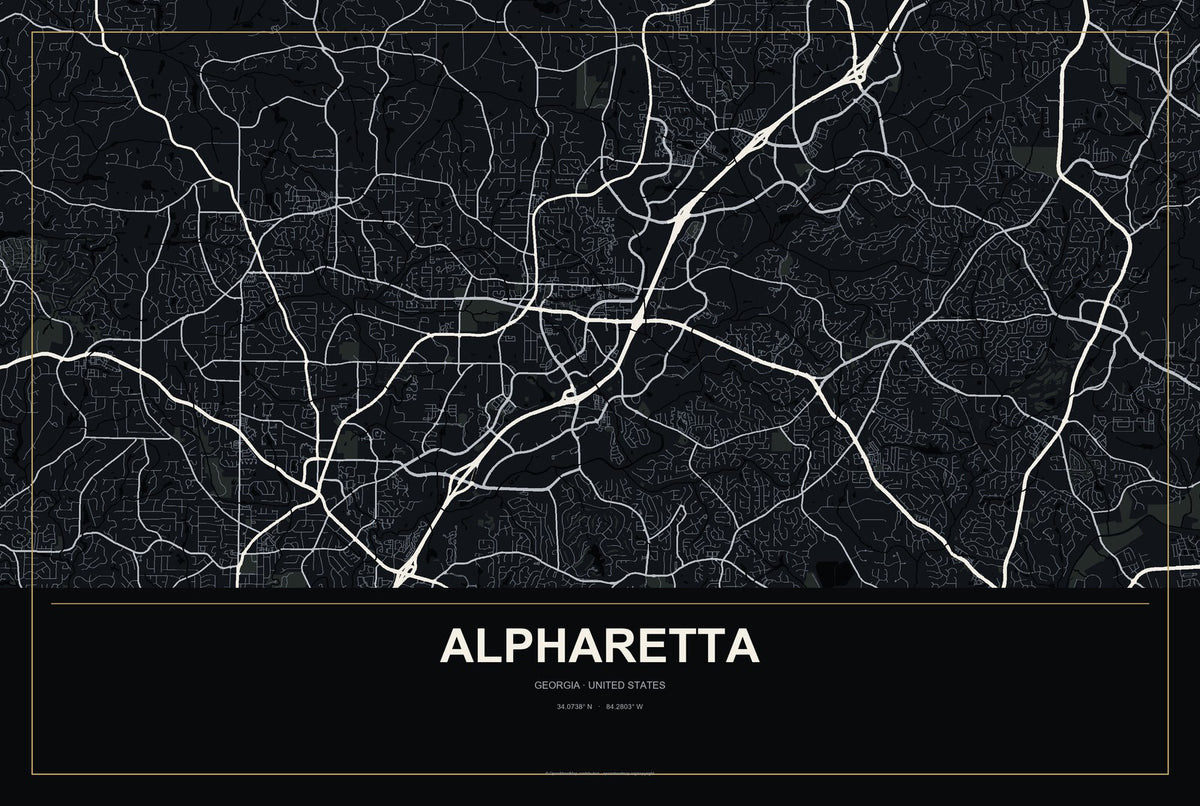 Alpharetta, Georgia City Map Aluminum Sign in Metropolitan Noir style