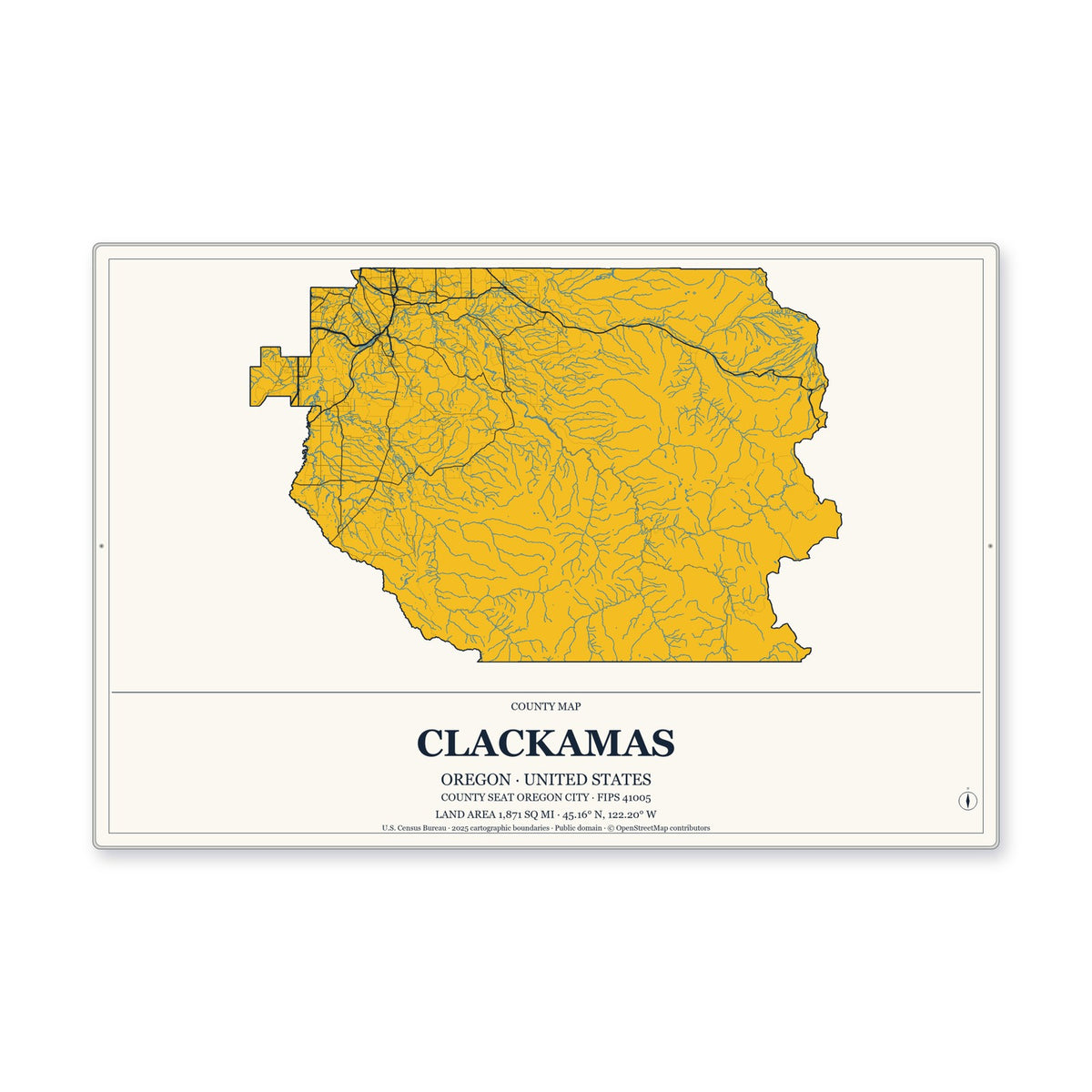 Clackamas County, Oregon Map Aluminum Sign in Citrine Modern style